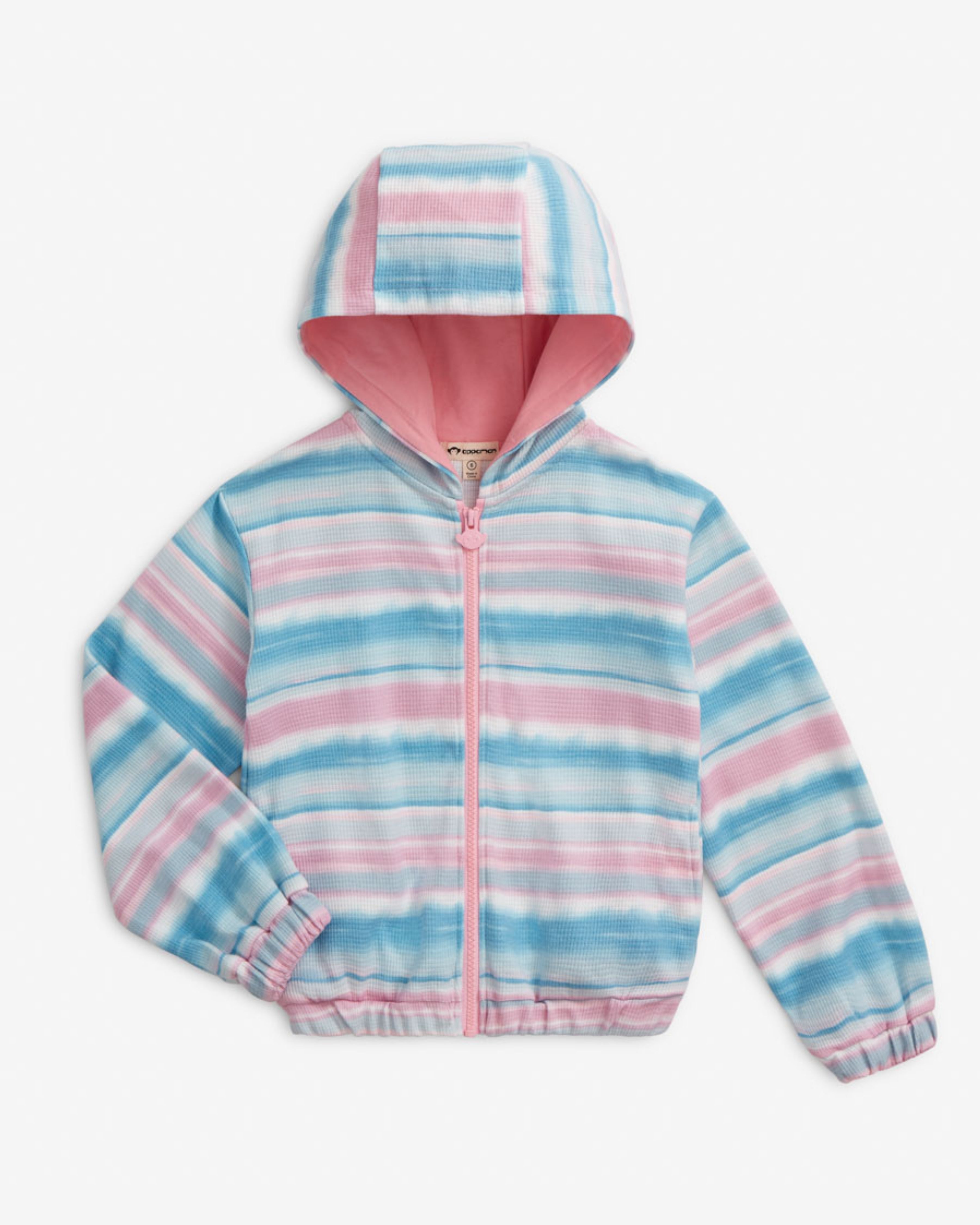 Wave Stripe Nova Hoodie in multicolor striped design with cozy hood and zipper, perfect for spring and summer.