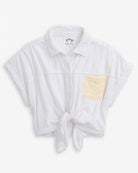 White Kelsey Knot Shirt featuring a tie front, classic collar, and smocked pocket detail.
