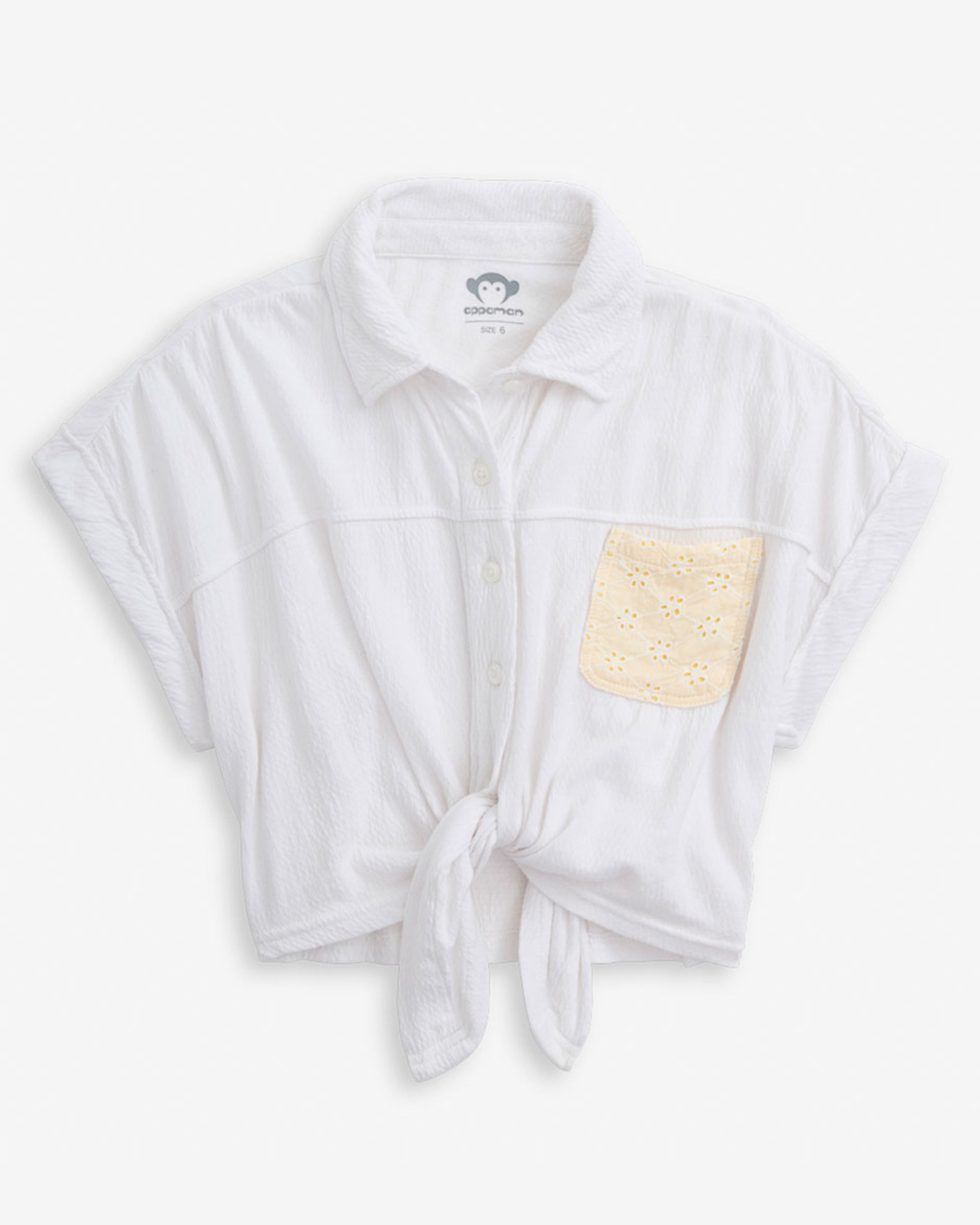 White Kelsey Knot Shirt featuring a tie front, classic collar, and smocked pocket detail.