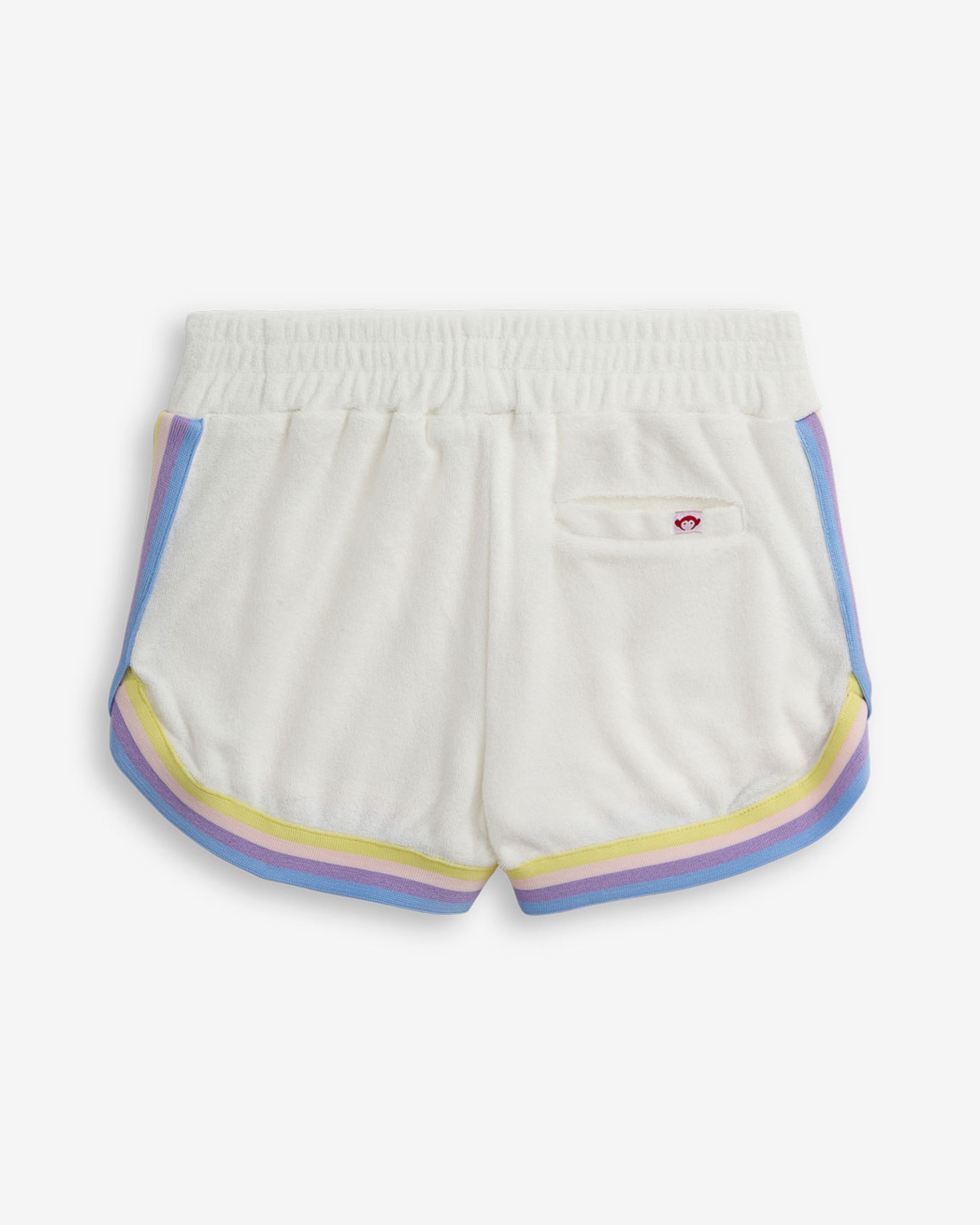 Back view of White Terry Lori Short featuring multicolor striped trim and elastic waistband.