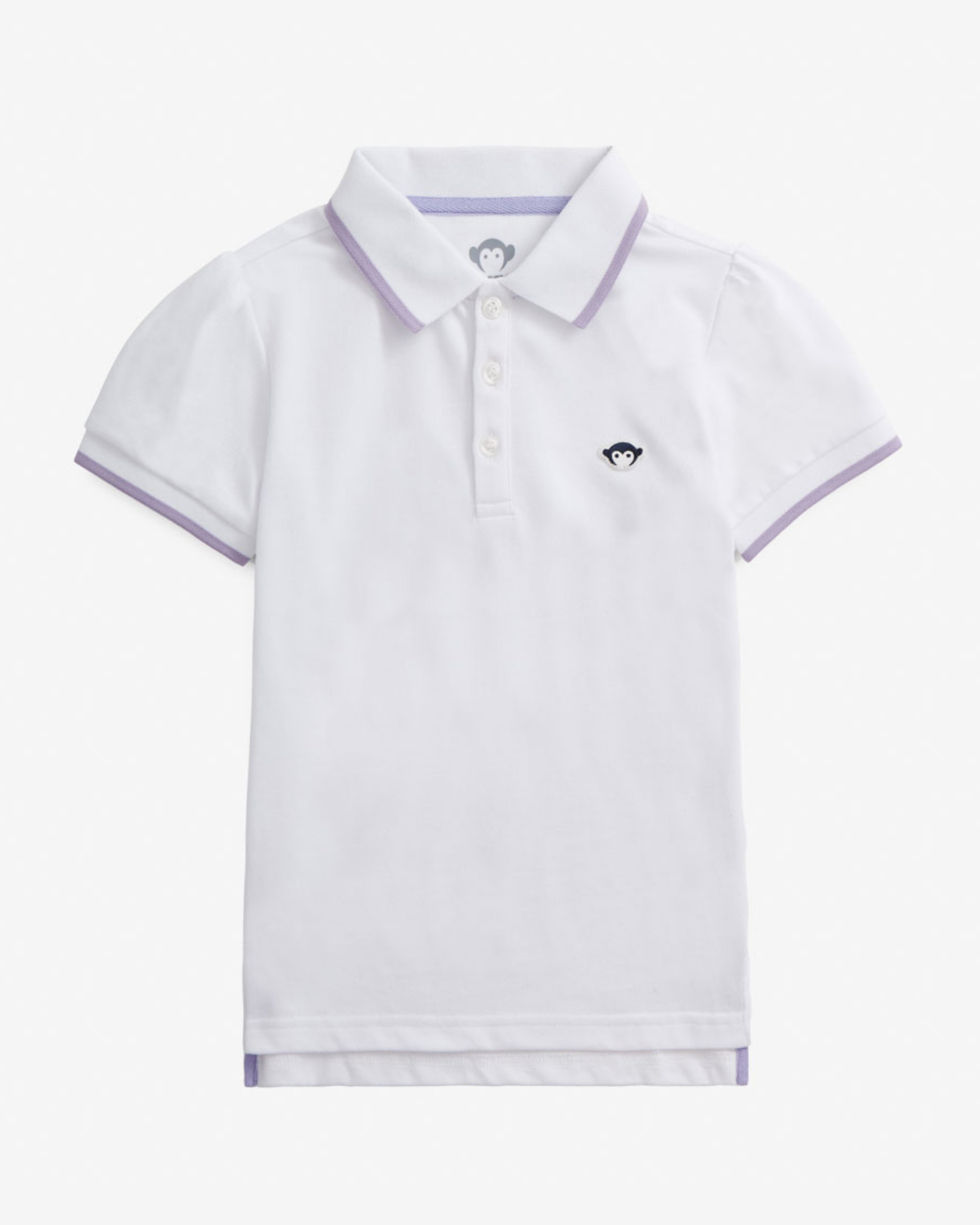 White Puff Sleeve Polo with soft puff sleeves and purple trim, perfect for school or spring celebrations.