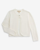 White Bolero Cardigan featuring soft knit and scallop detailing, ideal for layering with dresses in spring and summer.
