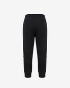 Black sweatpants shown from the back, featuring a high elastic waistband, two back patch pockets, and ribbed ankle cuffs, displayed on a clean white background.