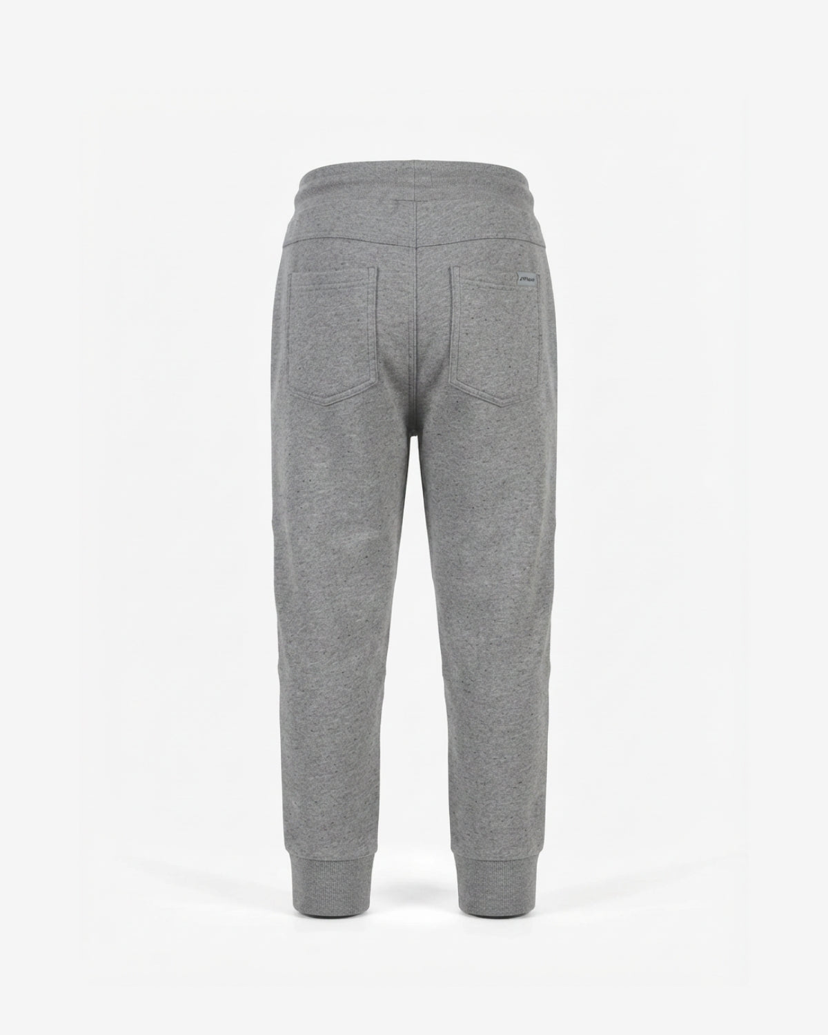 Gray heather sweatpants shown from the back, featuring a wide elastic waistband, two back patch pockets, and ribbed cuffs at the ankles, photographed on a clean white background.