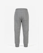 Gray heather sweatpants shown from the back, featuring a wide elastic waistband, two back patch pockets, and ribbed cuffs at the ankles, photographed on a clean white background.