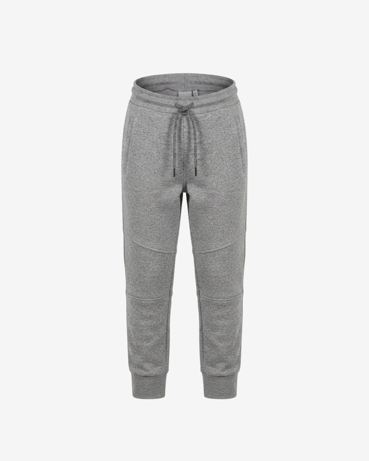 A pair of heather gray jogger sweatpants with an elastic waistband, drawstring, and ribbed cuffs, shown against a plain light gray background.