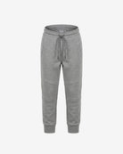 A pair of heather gray jogger sweatpants with an elastic waistband, drawstring, and ribbed cuffs, shown against a plain light gray background.