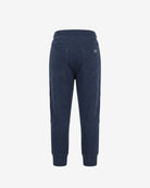 Back view of dark navy blue sweatpants with a ribbed waistband, cuffs, and back pockets, shown on a light gray background.
