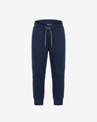 A pair of navy blue sweatpants with a gray drawstring, shown against a plain light gray background.