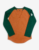 Terracotta Baseball Tee featuring a soft cotton blend with green raglan sleeves and button details.