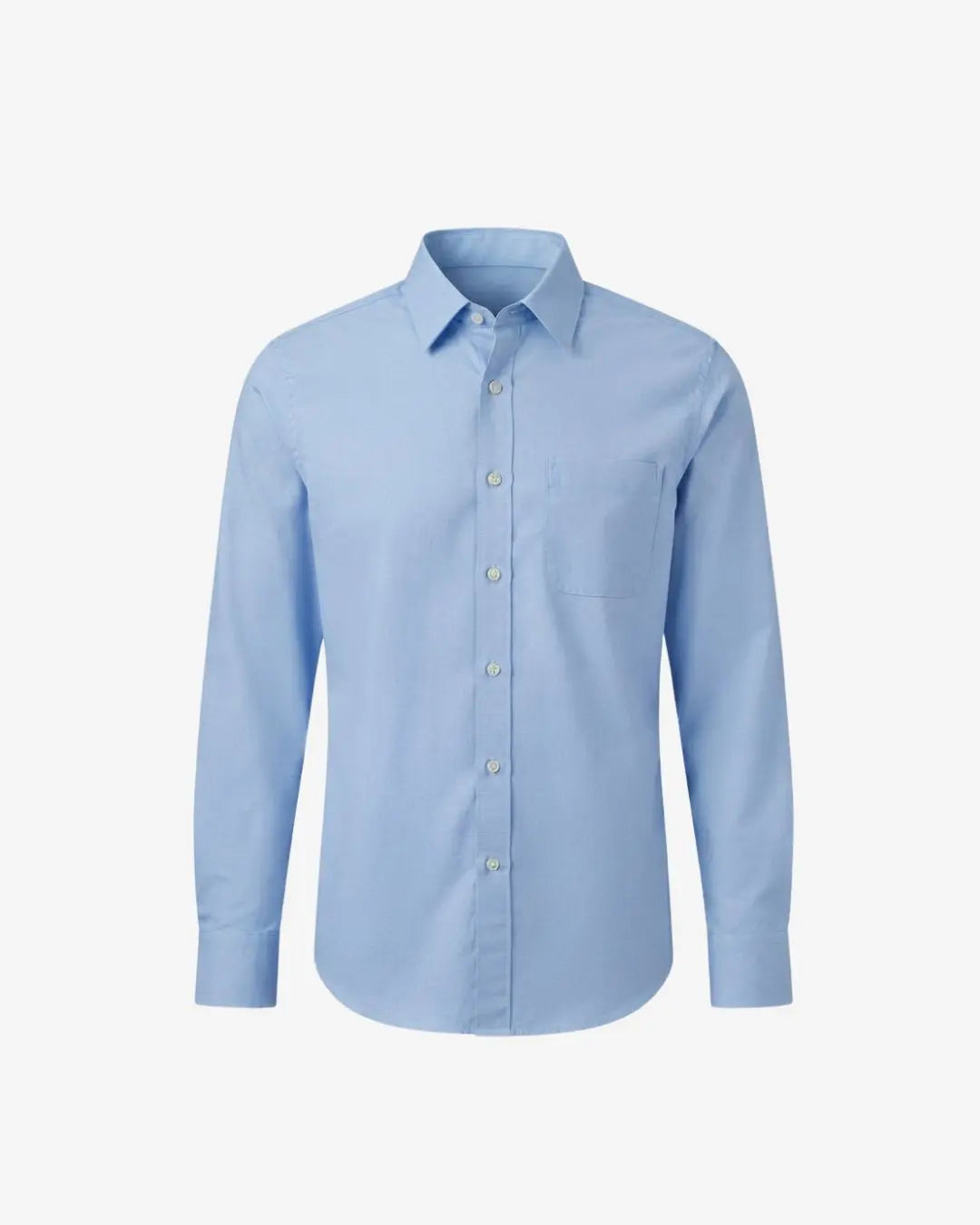 A light blue long-sleeve button-down shirt with a classic collar and a single chest pocket, displayed on a clean, light gray background.