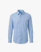 A light blue long-sleeve button-down shirt with a classic collar and a single chest pocket, displayed on a clean, light gray background.