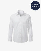 A white long-sleeve button-up dress shirt shown on a light gray background, with a dark blue circular badge in the top right that reads '5 PACK BUNDLE'.