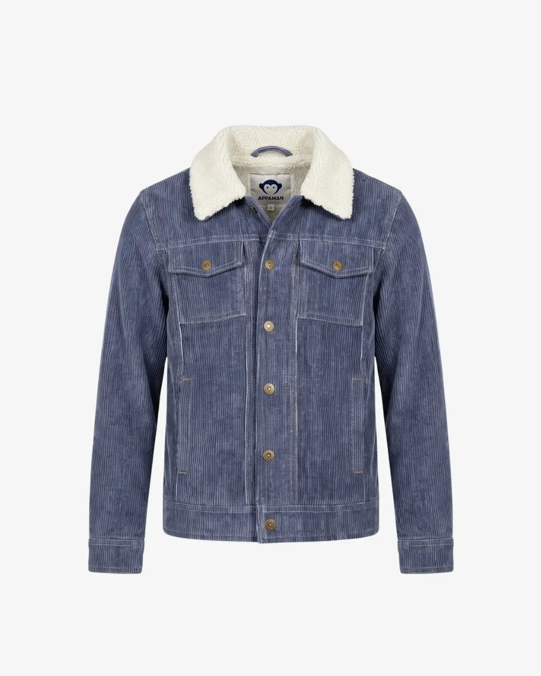 A blue denim jacket with a cream-colored sherpa collar, featuring a button-up front and two chest pockets, displayed on a clean white background.