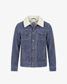 A blue denim jacket with a cream-colored sherpa collar, featuring a button-up front and two chest pockets, displayed on a clean white background.