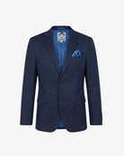 A navy blue textured blazer with a blue paisley patterned lining and matching pocket square, displayed on a clean white background.
