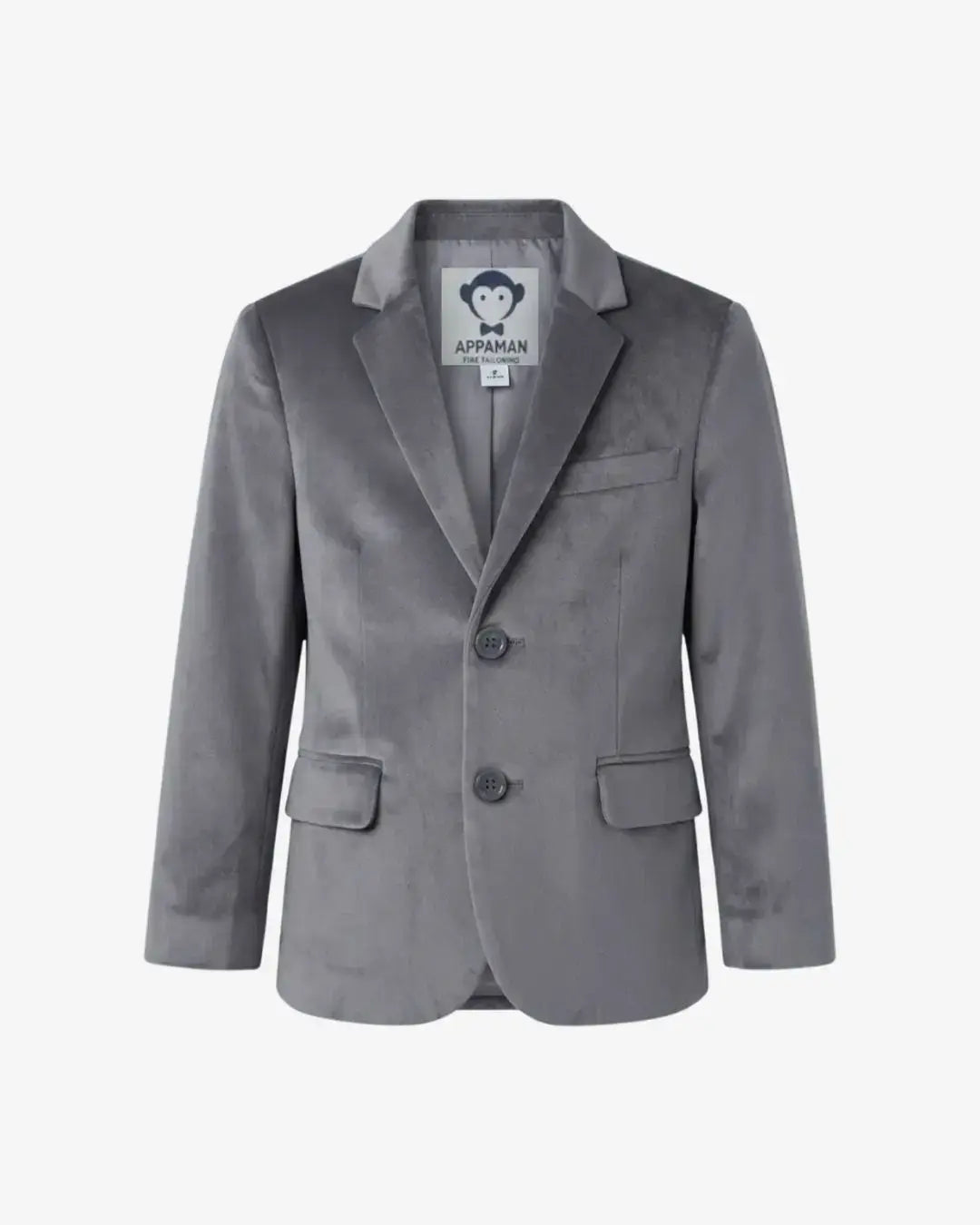A gray boy's blazer with a textured velvet-like finish, featuring notch lapels, two front buttons, and flap pockets, shown on a plain light gray background. The brand label inside the collar reads 'BONIA APPARAT'.