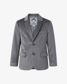A gray boy's blazer with a textured velvet-like finish, featuring notch lapels, two front buttons, and flap pockets, shown on a plain light gray background. The brand label inside the collar reads 'BONIA APPARAT'.