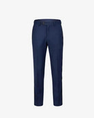A pair of navy blue trousers shown flat against a light gray background.