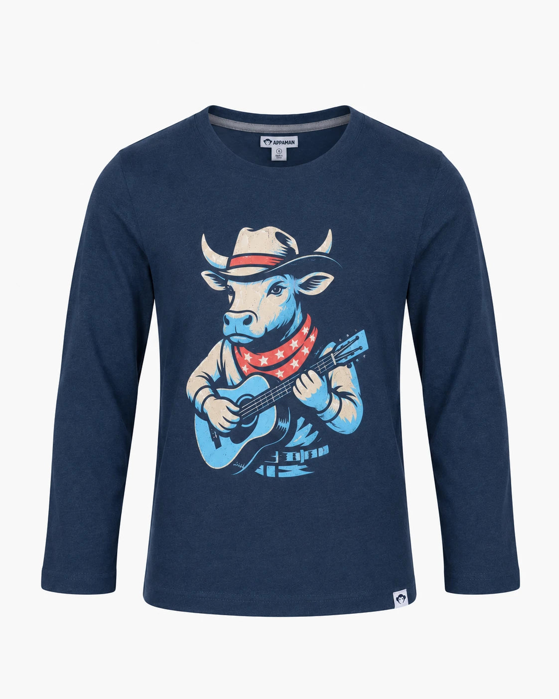 Appaman boys' cowboy bull graphic tee navy, front view.