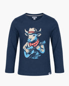 Appaman boys' cowboy bull graphic tee navy, front view.
