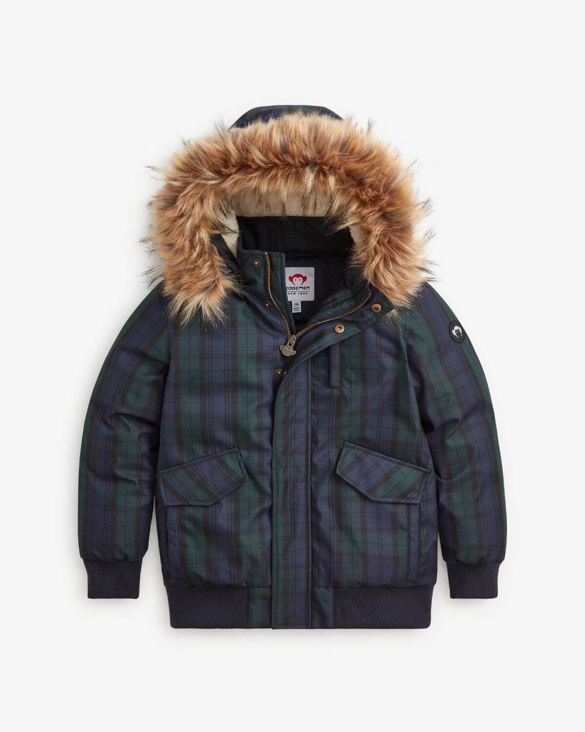 Black Watch Tartan City Transit Coat with removable fur-lined hood and pockets for warmth and style.
