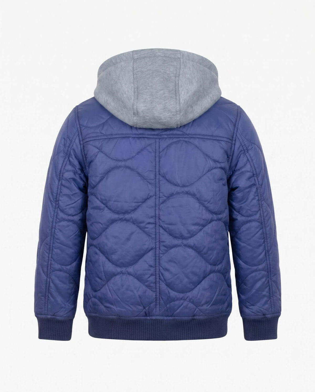 Back view of Dark Navy BX Bomber jacket with hood, showcasing quilted design and soft lining.