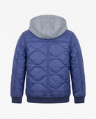 Back view of Dark Navy BX Bomber jacket with hood, showcasing quilted design and soft lining.