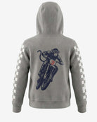 Cement Sweat Set with monkey motocross design, featuring checkered sleeves and a cozy hooded sweatshirt for kids.