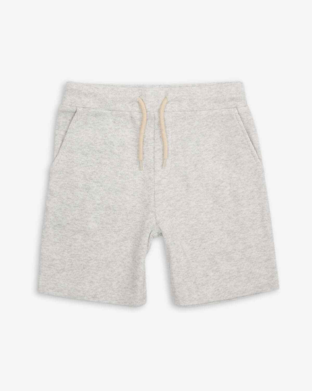 Cloud Heather Resort Shorts for kids in soft gray fabric with pockets and drawstring waistband