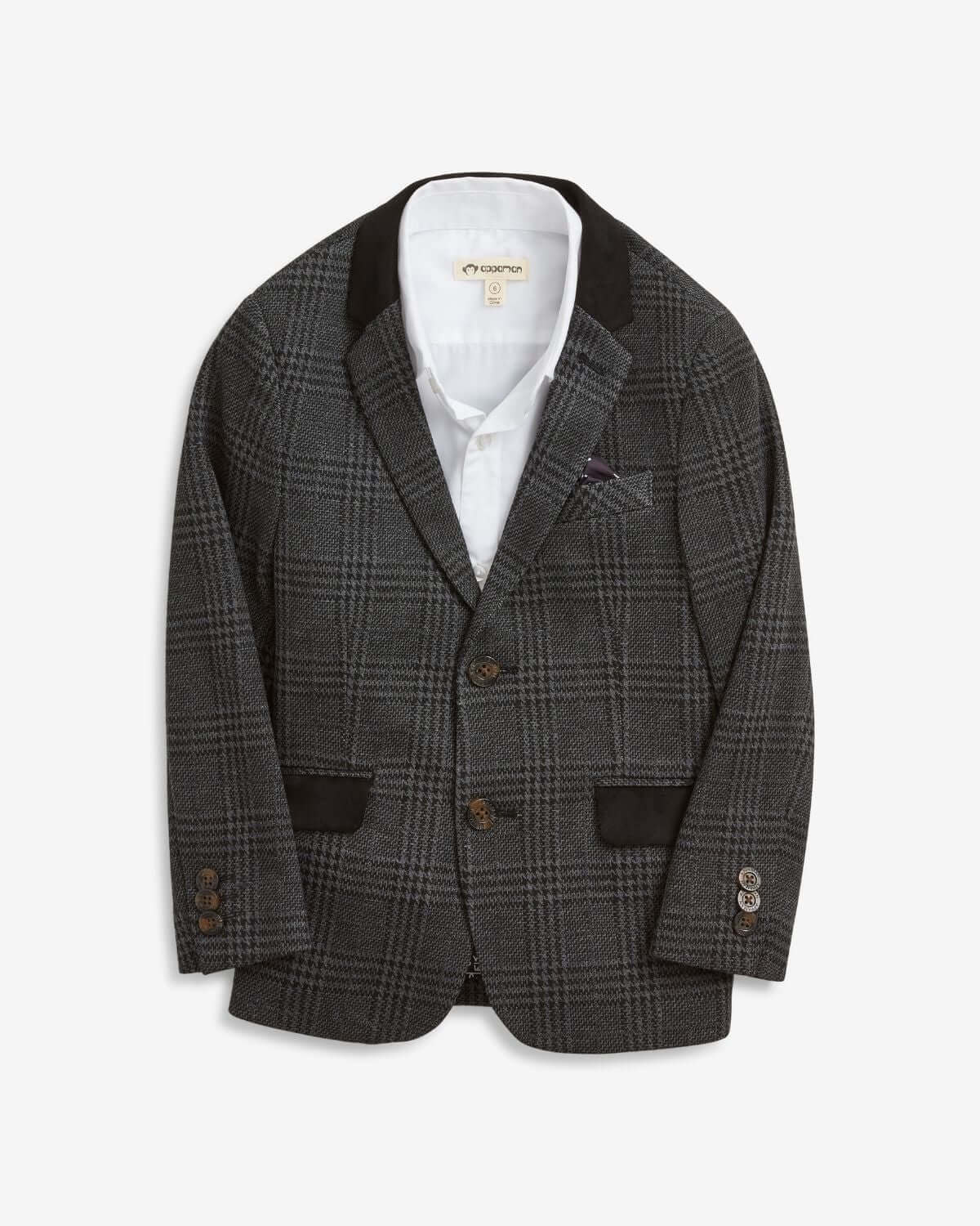 Professor Plaid Club Jacket featuring classic buttons and stylish black accents for kids.
