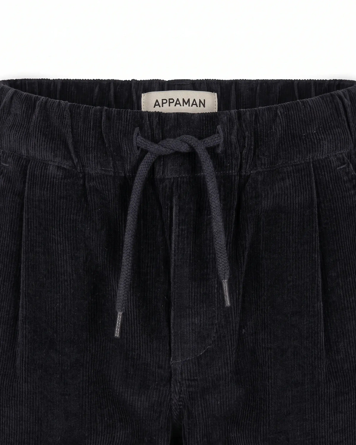 Black Cord Club Pants waistband detail featuring drawstring and APPAMAN label