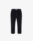 Dark navy corduroy trousers with an elastic waistband and matching drawstring, shown flat on a light gray background.