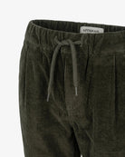 Appaman boys' pleated corduroy pant olive, close-up detail view.