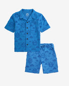 Blue camouflage shirt and shorts set on a white background