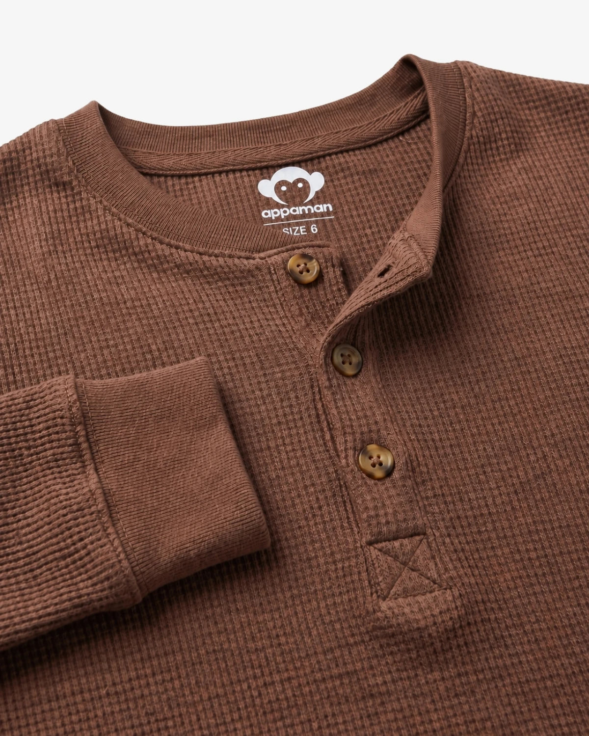 Appaman boys' waffle thermal henley brown collar, close-up detail view.