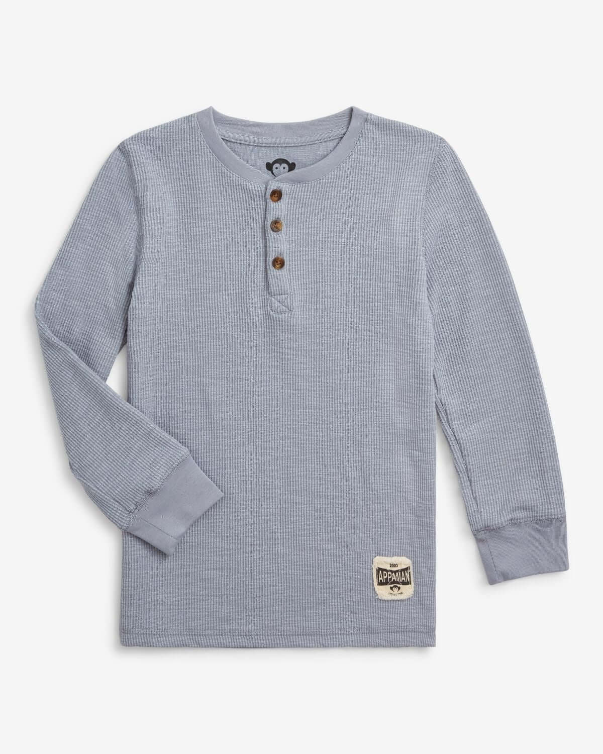 Dusty Blue Craftsman Thermal Henley displayed on a white background, highlighting its classic design and soft fabric.