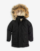 Black Denali Down Coat featuring a fur-lined hood and front pockets, perfect for winter wear.