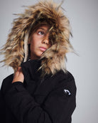 Black Denali Down Coat featuring a faux fur hood, perfect for winter protection and style.