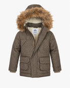 Appaman boys' houndstooth parka jacket with faux fur hood, front view.
