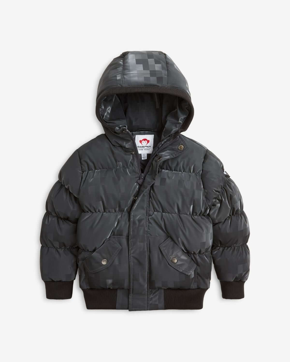 Digital Black Slim Puffy Coat showcasing a cozy hooded jacket with roomy pockets and snug zipper for warmth.