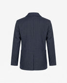 Back view of the Navy Pinstripe Double Breasted Jacket, showcasing its tailored design and structured fit.