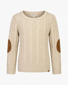 Appaman boys' oatmeal cable knit elbow patch sweater, front view.