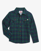 Blue/Green Plaid Flannel Shirt featuring button-down front and chest pockets, perfect for kids' adventures.