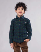 Blue/Green Plaid Flannel Shirt on a child, showcasing its button-down front and cozy design.