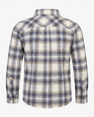 Back view of the Off White Plaid Flannel Shirt featuring a classic plaid pattern, suitable for active kids.