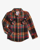 Vintage Tartan Flannel Shirt displayed in vibrant plaid pattern with dual front pockets.