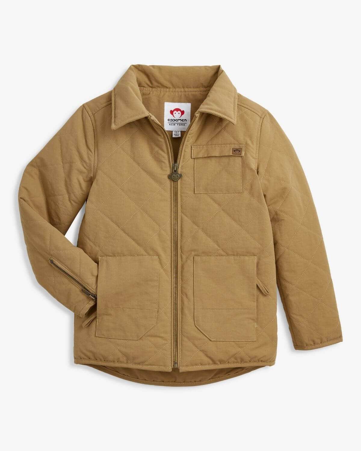 Khaki Flight Jacket featuring quilted material, stylish pockets, and classic collar for cozy outdoor adventures.