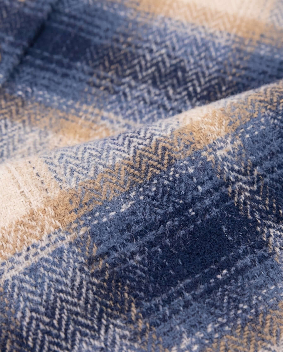 Blue Herringbone Plaid Glen Hooded Shirt close-up showing soft brushed flannel fabric and herringbone pattern.