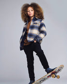 Blue Herringbone Plaid Glen Hooded Shirt worn by a boy with skateboard, showcasing comfort and style.
